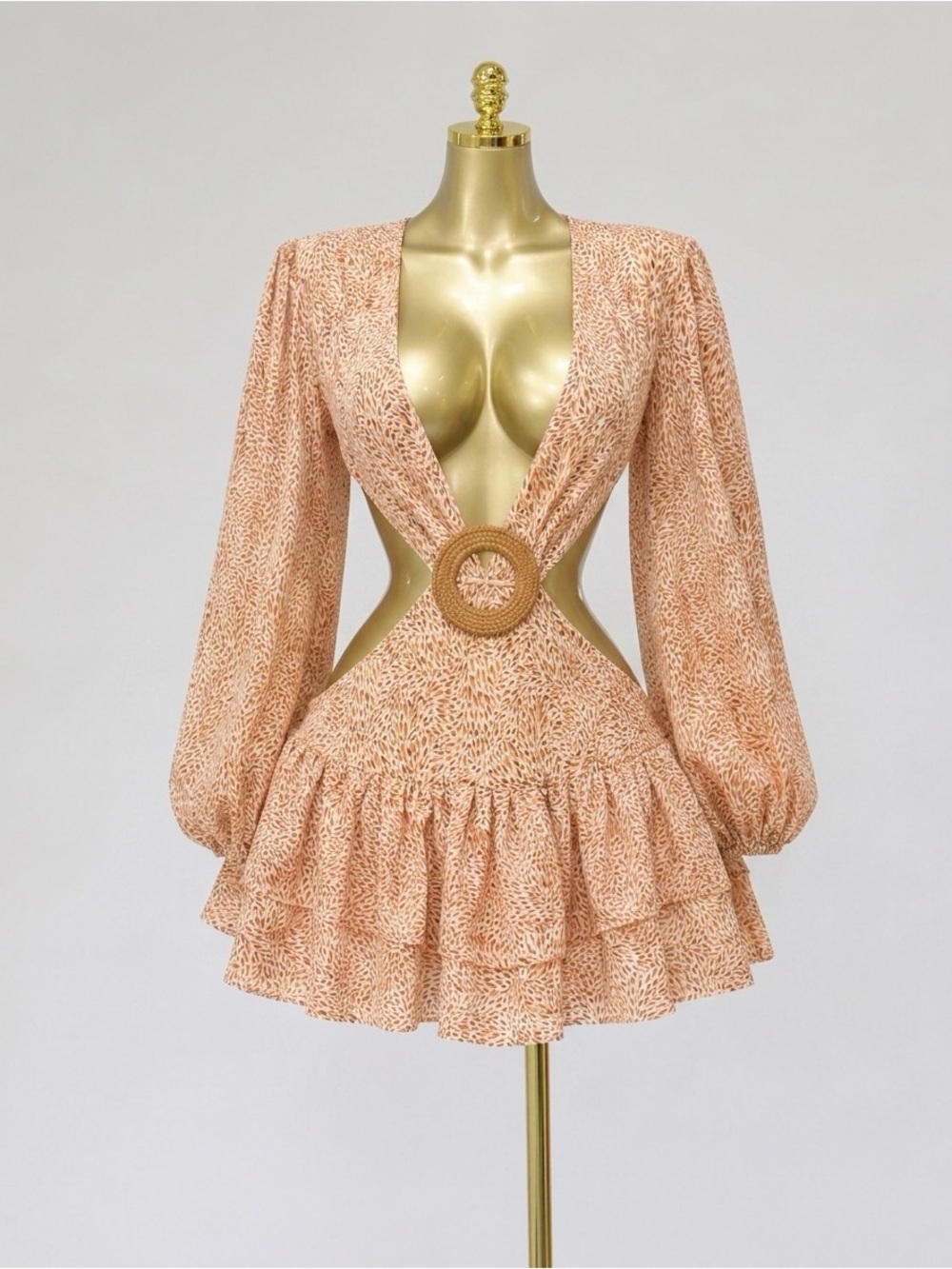 Peach Printed Cutout Ruffle Mini Dress with Ring Detail